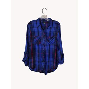 A New Approach Top Small Long Sleeve Plaid Button Up Pockets Tab Sleeve